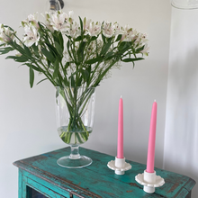 Load image into Gallery viewer, A pair of handmade scalloped candle holders from Sea Bramble Ceramics.  Sat atop a green vintage cupboard.