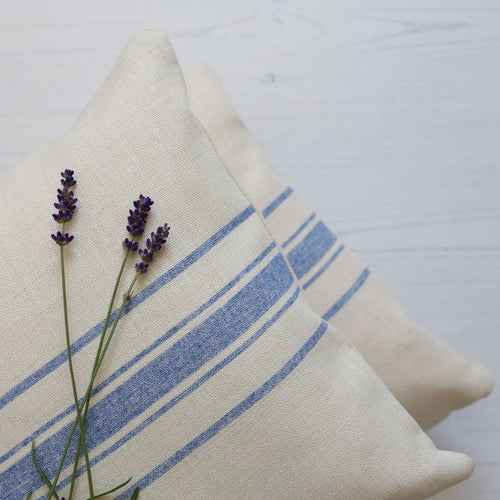 These hand made cushions in Peony & Sage's soft thick linen in Danish Stripe Blue are just impossible to resist.    Handmade by Catkin & Olive 