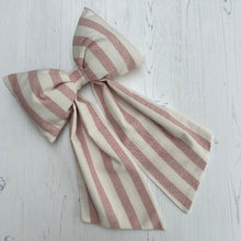 Load image into Gallery viewer, Handmade Ticking Stripe Bow In Raspberry and cream 