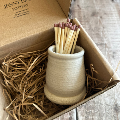 Handmade stoneware matchpot in gift box with extra strike pads