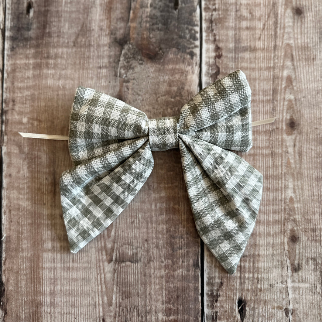 Mini Handmade Bow in Sage Green Gingham
