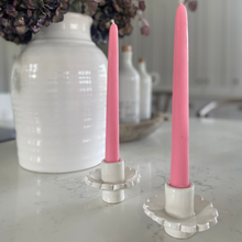 Load image into Gallery viewer, Handmade Scalloped Candle Holders by Sea Bramble Ceramics on a Kitchen Counter next to a jar of flowers