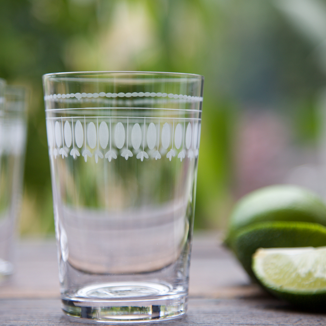 Hand blown and hand engraved lead free glass tumblers in OVals design - the vintage list