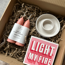Load image into Gallery viewer, A gift box from Rhubarb &amp; Hare with handmade candle holder, pink stubby candles from Wax Atelier and Light My Fire matches from Archivist Gallery