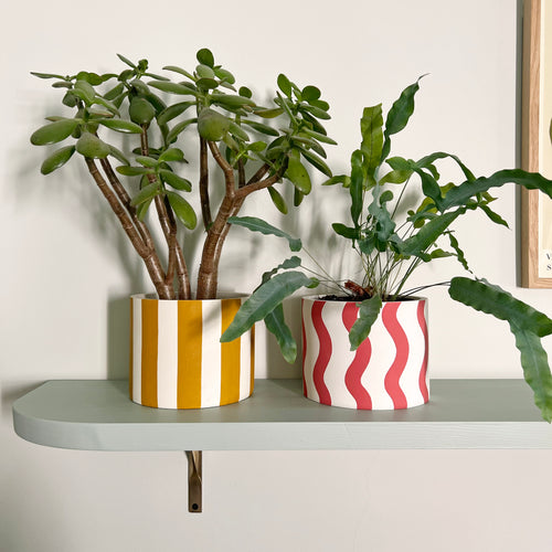 Large plant pot on coral squiggles next to a yellow striped plant pot