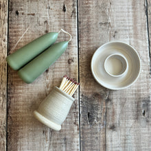 Load image into Gallery viewer, Handmade stoneware matchpot with candles and candle holder in Linen glaze