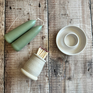 Handmade stoneware matchpot with candles and candle holder in Linen glaze