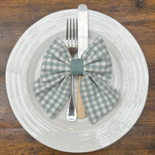 Load image into Gallery viewer, handmade duck egg blue gingham bow on an easter table setting
