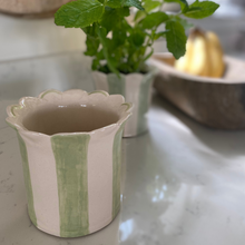 Load image into Gallery viewer, A duo of handmade planters in sage green showing the scalloped edge and delicate inside colours