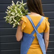 Load image into Gallery viewer, Helen Round Linen Cross Over Apron in Hedgerow Design - Indigo Colour