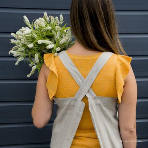 Helen Round Linen Cross Over Apron - Hedgerow Design in Natural