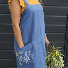 Load image into Gallery viewer, Helen Round Linen Cross Over Apron in Hedgerow Design - Indigo Colour