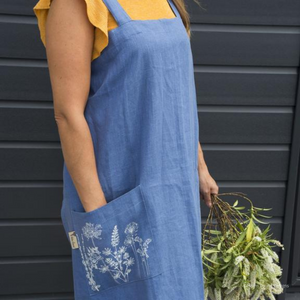 Helen Round Linen Cross Over Apron in Hedgerow Design - Indigo Colour