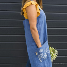 Load image into Gallery viewer, Helen Round Linen Cross Over Apron in Hedgerow Design - Indigo Colour