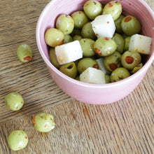 Load image into Gallery viewer, A handmade Barton Croft bowl full of olives and manchego in their distinct Rhubarb glaze