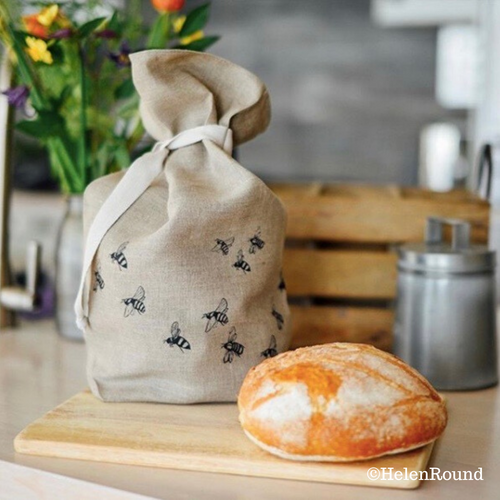 Handmade linen bread bag with a natural linen bee design from the studios of Helen Round in Cornwall