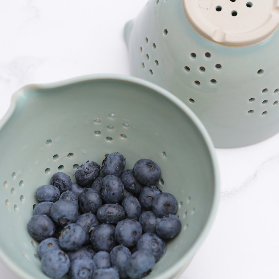 Handmade Rustic Berry Bowl with Plate in a Duck Egg Blue Glaze