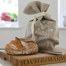 Load image into Gallery viewer, Handmade Helen Round Bread Bag in her Hedgerow design to keep your bread fresher for longer