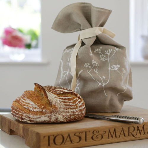 Handmade Helen Round Bread Bag in her Hedgerow design to keep your bread fresher for longer