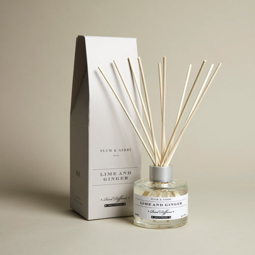 Plum & Ashby's Lime & Ginger Diffuser has a zesty and spicy fragrance that always smells fresh.   Beautifully packaged in a white, vintage inspired numbered box complete with 10 reeds.  Made in England.