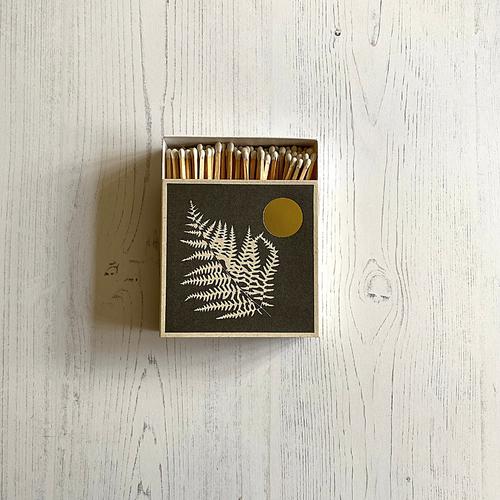 Luxury Square Matches from The Archivist Gallery featuring white tipped matches and a beautiful Fern design with gold foil