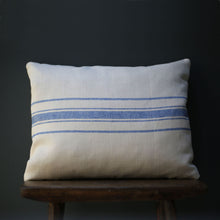 Load image into Gallery viewer, Handmade Peony &amp; Sage Cushion in Danish Blue Stripe shown on a stool