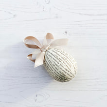 Load image into Gallery viewer, Handmade Book Paper Egg Decoration with Griege Coloured Ribbon