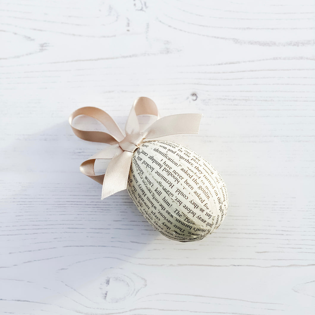 Handmade Book Paper Egg Decoration with Griege Coloured Ribbon