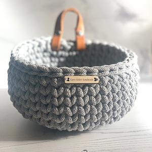 The handmade crochet basket by Kate Keller Handmade in steel grey