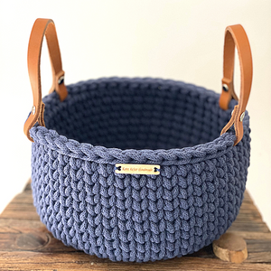 Handmade Baskets with Leather Handles  - Classic Style Size One - Denim