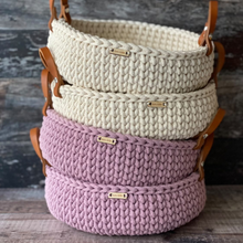 Load image into Gallery viewer, A bundle of bread baskets from KAte Keller Handmade in Dusty Pink and Natural cotton cord with leather handles