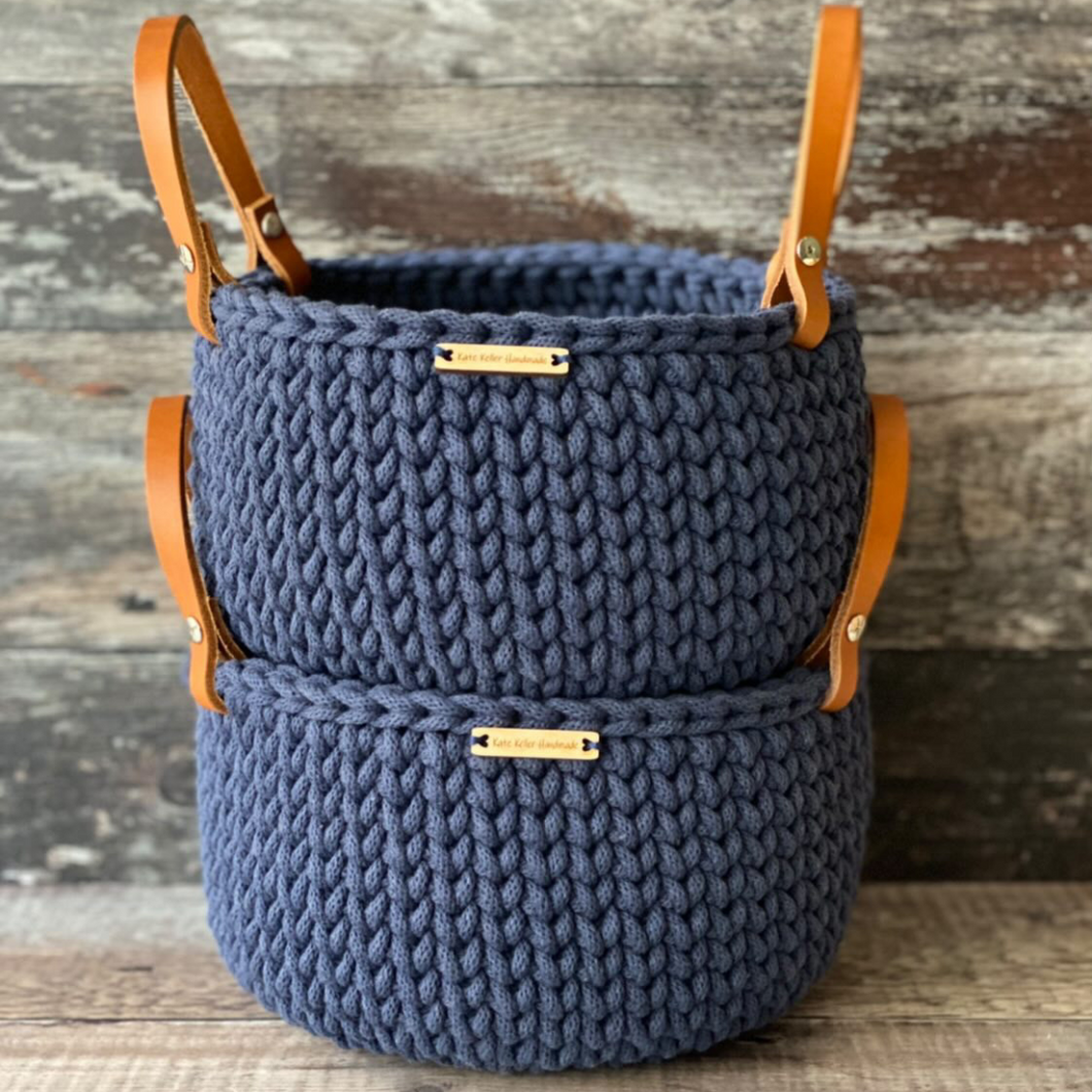 Handmade Baskets with Leather Handles  - Classic Style Size One - Denim