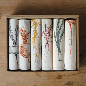 Handmade in the UK.  100% natural cotton napkins in Mixed Vegetables by Lottie Day