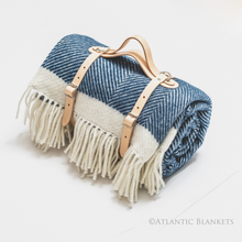 Load image into Gallery viewer, A Navy herringbone picnic blanket made in North Cornwall by Atlantic Blankets