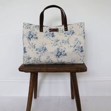 Load image into Gallery viewer, Handmade Olive &amp; Daisy Tote Bag in Aegean Country Rose Linen with Chocolate Leather Strap