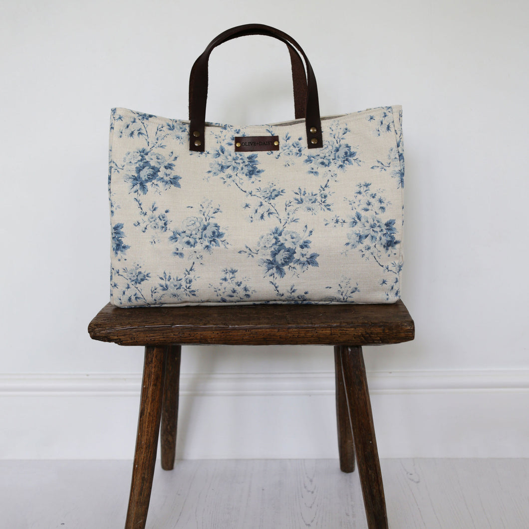 Handmade Olive & Daisy Tote Bag in Aegean Country Rose Linen with Chocolate Leather Strap