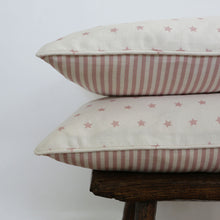 Load image into Gallery viewer, Handmade Olive &amp; Daisy Cushions Rose Pink Shooting Stars banked with Rose Pink Candy Stripe &amp; Piped with Rose Pink Shooting Stars