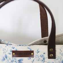 Load image into Gallery viewer, The Handmade Olive &amp; Daisy Tote Bag in Aegean Country Rose Linen with a chocolate leather strap