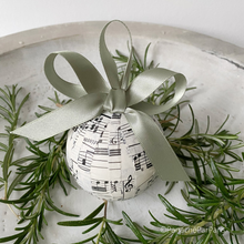 Load image into Gallery viewer, Handmade Paper Bauble Using Vintage Music Sheets with a Sage Green Satin Ribbon