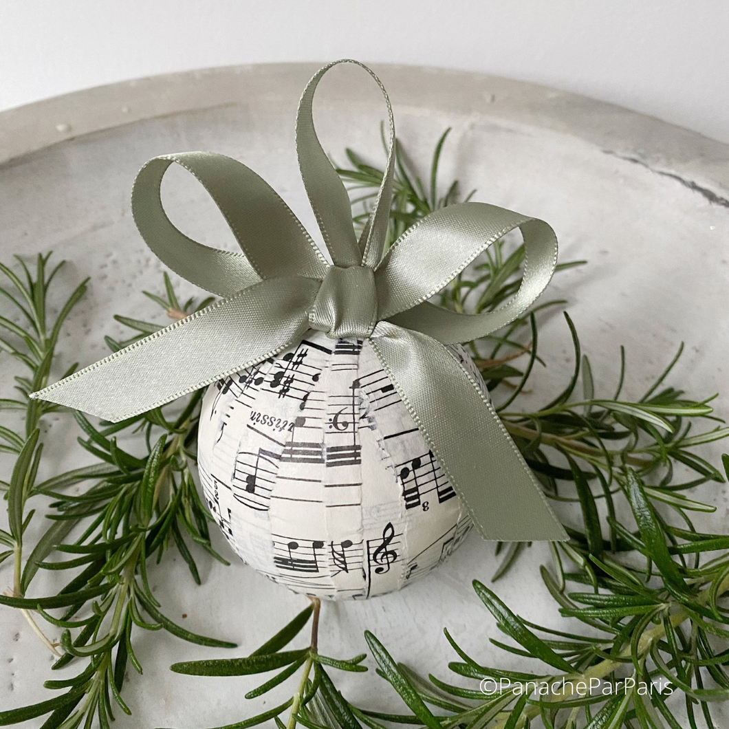Handmade Paper Bauble Using Vintage Music Sheets with a Sage Green Satin Ribbon