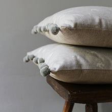 Load image into Gallery viewer, We are massive fans of the original linen fabrics designed and handmade by Olive &amp; Daisy on their vintage industrial sewing machines in their Lincolnshire workshop.   All designed and printed in the UK, this is a beautiful but versatile cushion in their Dove Grey Blotch Skylark fabric which would be perfectly at home in a modern or country setting. 