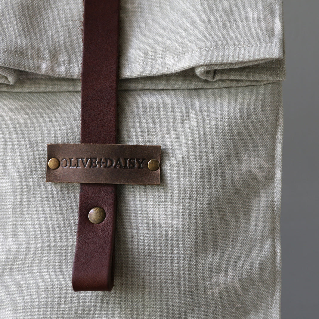 Handmade Olive & Daisy Luxury Roll Top Washbag in Dove Grey with Leather Strap