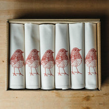 Load image into Gallery viewer, Hand Printed and handmade in the UK, the festive Robin Napkins from Lottie Day.  100% Natural Cotton