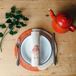 Handmade by Lottie Day in the UK. The festive Robin Napkin set in 100% natural cotton
