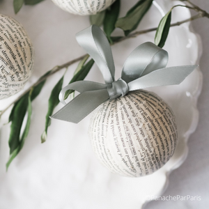 Handmade Book Paper Bauble with Sage Green Ribbon