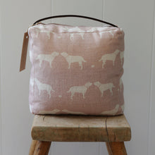 Load image into Gallery viewer, Handmade Doorstop in Olive &amp; Daisy blotch pink linen