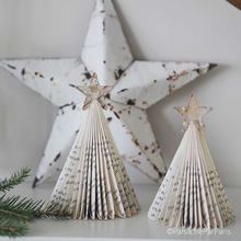 Load image into Gallery viewer, Handfolded paper tree as Christmas decoration - one large tree and one small, each adorned with a little star at the top