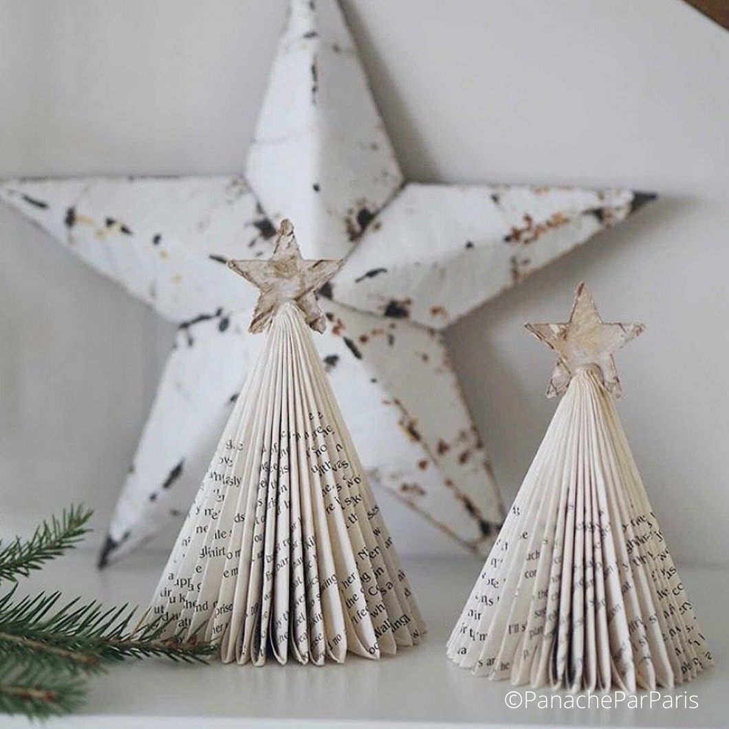 Handfolded paper tree as Christmas decoration - one large tree and one small, each adorned with a little star at the top