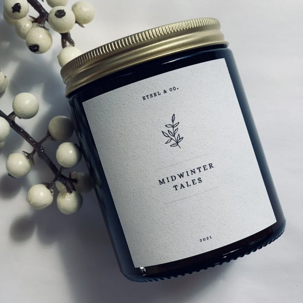 The Midwinter Tales candle from Ethel & Co. Hand crafted from their Nottingham workshop
