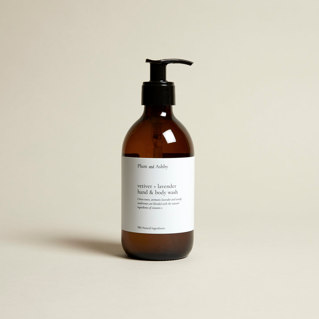 The Vetiver & Lavender Hand & Body Wash from Plum & Ashby available at Rhubarb & Hare